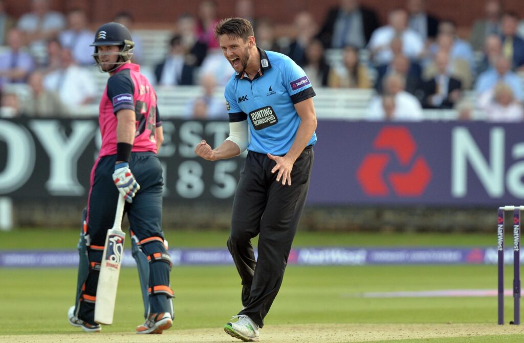 Steffan Piolet celebrates taking a wicket at Lord's.